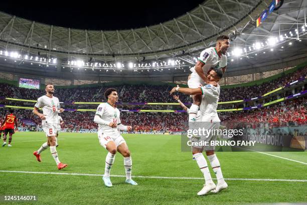 Moroccan Abdelhamid Sabiri celebrates after scoring during a soccer game between Belgium's national team the Red Devils and Morocco, in Group F of...