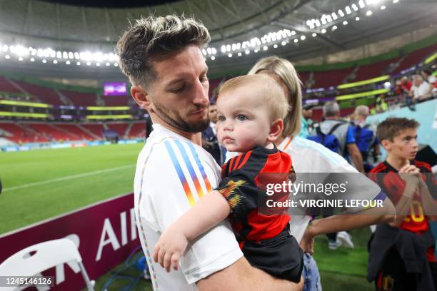 Belgium's Dries Mertens and Mertens' wife Katrin Kerkhofs and son Ciro pictured after a soccer game between Belgium's national team the Red Devils...