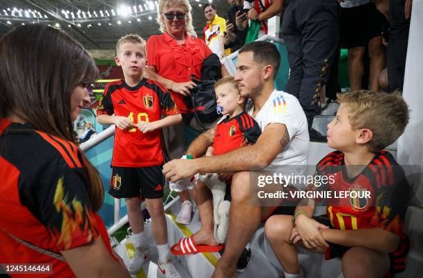 Belgium's Eden Hazard, his wife Natacha and their four children and Eden Hazard's mother Carine pictured after they lost a soccer game between...