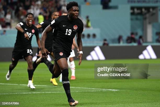 Canada's forward Alphonso Davies celebrates scoring his team's first goal during the Qatar 2022 World Cup Group F football match between Croatia and...