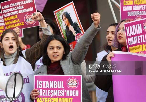 Members of the "We Will Stop Femicide Platform" hold placards reading "We do not give up on the Istanbul contract" as they protest against femicide...