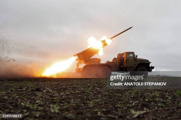 Grad' multiple rocket launcher fires towards Russian positions on the front line near Bakhmut, Donetsk region, on November 27 amid the Russian...