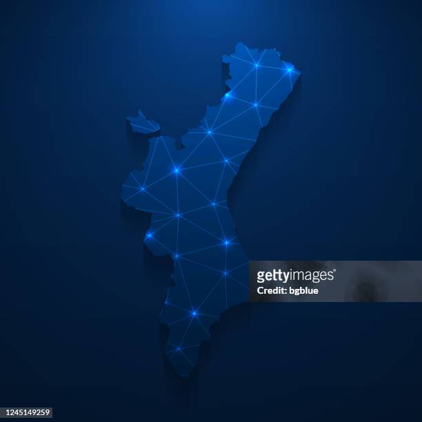 ilustrações de stock, clip art, desenhos animados e ícones de valencian community map network - bright mesh on dark blue background - valencia spain