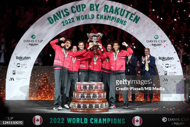 General view as players of Canada lift the trophy after winning the Davis Cup by Rakuten Finals 2022 Final match between Australia and Canada at...