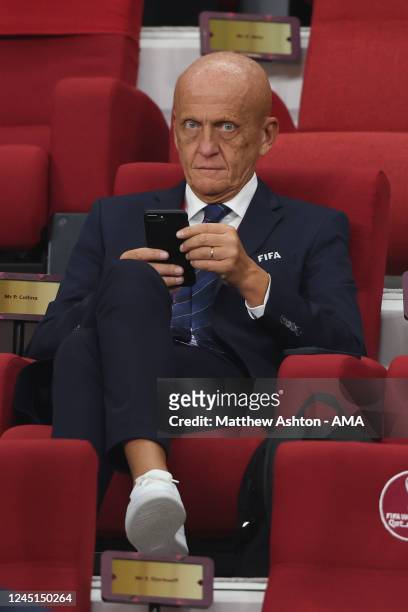 Pierluigi Collina the Chairman of the FIFA referees committee attends the game during the FIFA World Cup Qatar 2022 Group F match between Croatia and...