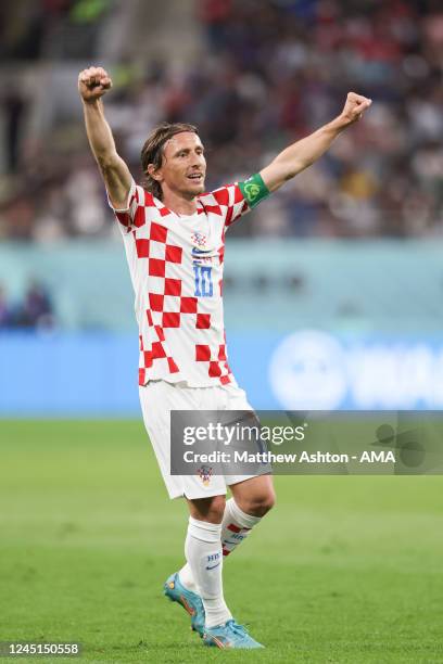 Luka Modric of Croatia celebrates after Andrej Kramaric of Croatia scored a goal to make it 3-1 during the FIFA World Cup Qatar 2022 Group F match...