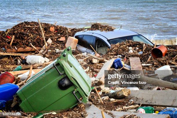 Cars destroyed on the beach after the violent flood that hit the town of Casamicciola on the island of Ischia.