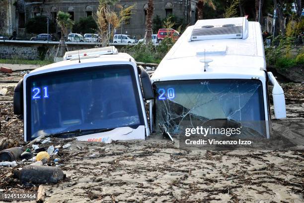 Buses destroyed on the beach after the violent flood that hit the town of Casamicciola on the island of Ischia.