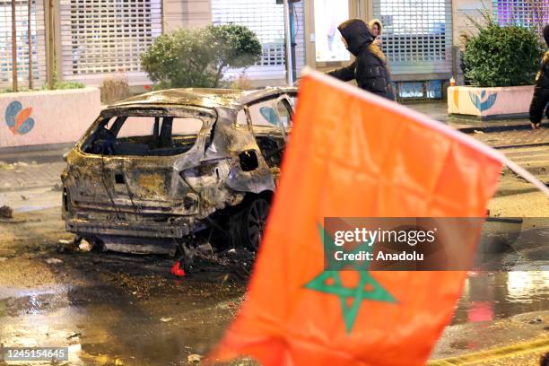 View of streets after Morocco's victory over Belgium at the World Cup Qatar 2022 Group F football match, on November 27, 2022 in Brussels, Belgium....