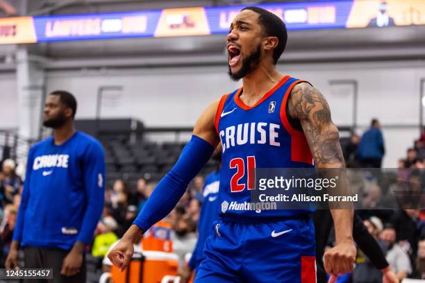 ShawnDre Jones of the Motor City Cruise reacts to a dunk by one of his teammates against the Fort Wayne Mad Ants on November 27, 2022 at Wayne State...