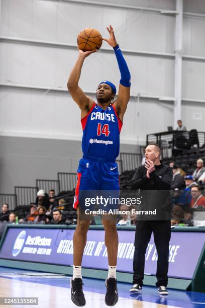 Stanley Umude of the Motor City Cruise shoots a 3-pointer against the Fort Wayne Mad Ants on November 27, 2022 at Wayne State Fieldhouse in Detroit,...