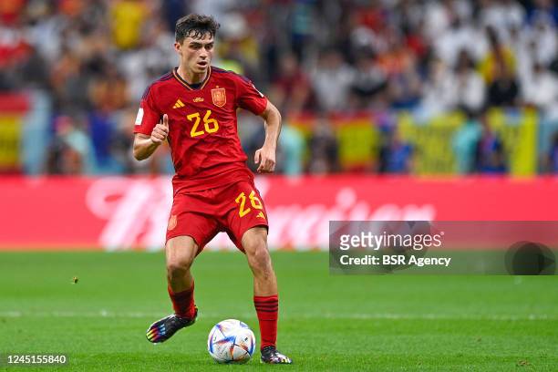 Pedri Gonzalez of Spain passes the ball during the Group E - FIFA World Cup Qatar 2022 match between Spain and Germany at the Al Bayt Stadium on...