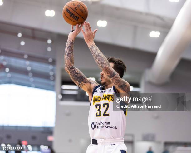 Gabe York of the Fort Wayne Mad Ants shoots a 3-pointer against the Motor City Cruise on November 27, 2022 at Wayne State Fieldhouse in Detroit,...