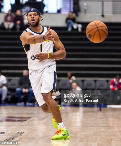 Justin Anderson of the Fort Wayne Mad Ants passes the ball to a teammate during the game against the Motor City Cruise on November 27, 2022 at Wayne...