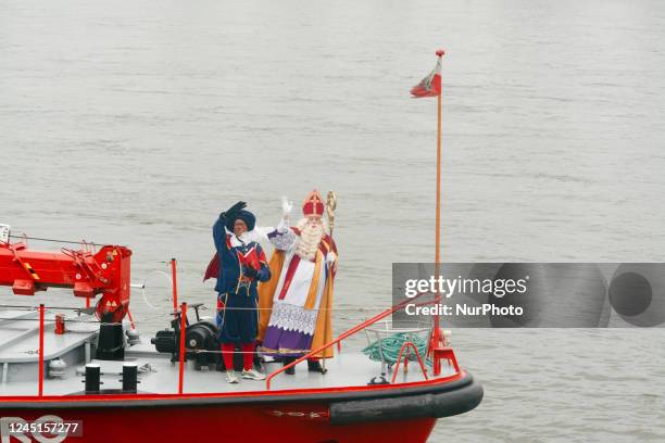 Sinterklass from Holland is seen arriving at Uerdingen port in Uerdingen, Germany on Nov.27, 2022