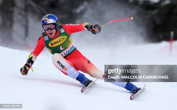 Switzerland's Marco Odermatt races during the FIS Alpine Skiing World Cup Mens Super G in Lake Louise, Canada, on November 27, 2022.