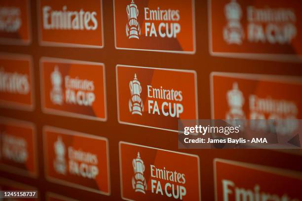 The Emirates FA Cup logo during the Emirates FA Cup Second Round game between Shrewsbury Town and Peterborough United at Montgomery Waters Meadow on...