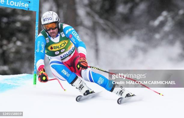 France's Adrien Theaux races during the FIS Alpine Skiing World Cup Mens Super G in Lake Louise, Canada, on November 27, 2022.