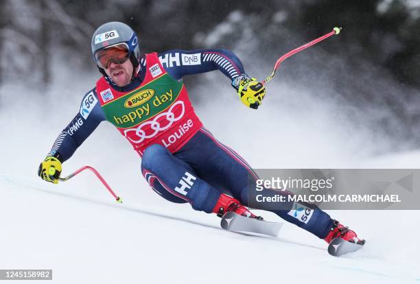 Norway's Aleksander Aamodt Kilde races during the FIS Alpine Skiing World Cup Mens Super G in Lake Louise, Canada, on November 27, 2022.