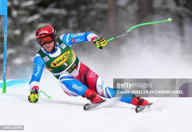 France's Blaise Giezendanner races during the FIS Alpine Skiing World Cup Mens Super G in Lake Louise, Canada, on November 27, 2022.