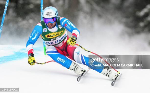 France's Matthieu Bailet races during the FIS Alpine Skiing World Cup Mens Super G in Lake Louise, Canada, on November 27, 2022.