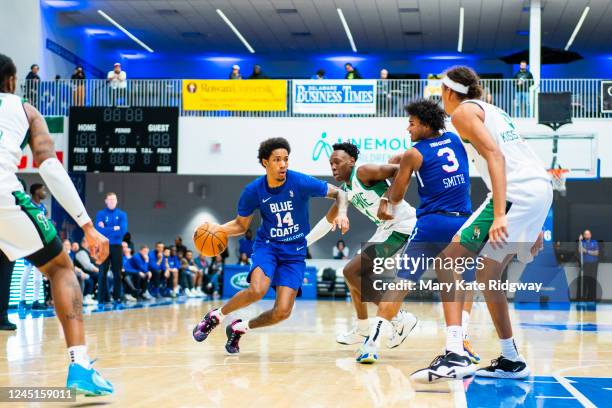 Patrick McCaw of the Delaware Blue Coats handles the ball against the Maine Celtics on November 27, 2022 at Chase Fieldhouse in Wilmington, Delaware....