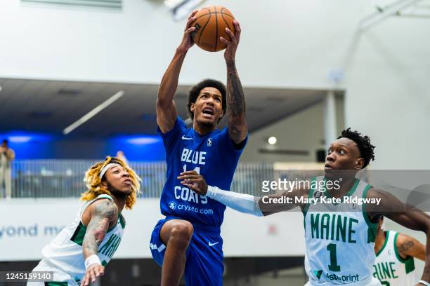 Patrick McCaw of the Delaware Blue Coats drives to the basket against the Maine Celtics on November 27, 2022 at Chase Fieldhouse in Wilmington,...
