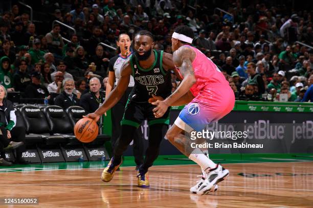 Jaylen Brown of the Boston Celtics dribbles the ball during the game against the Washington Wizards on November 27, 2022 at the TD Garden in Boston,...