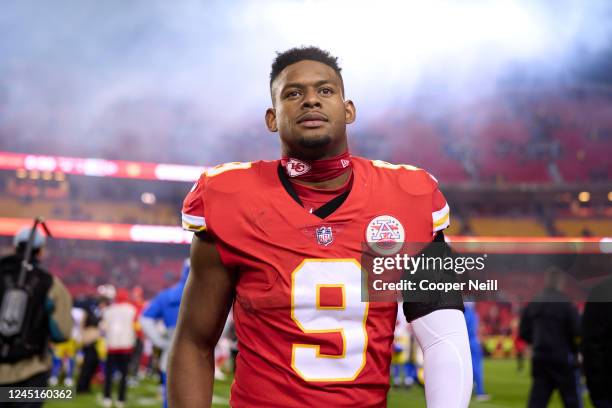 JuJu Smith-Schuster of the Kansas City Chiefs looks on after defeating the Los Angeles Rams at GEHA Field at Arrowhead Stadium on November 27, 2022...