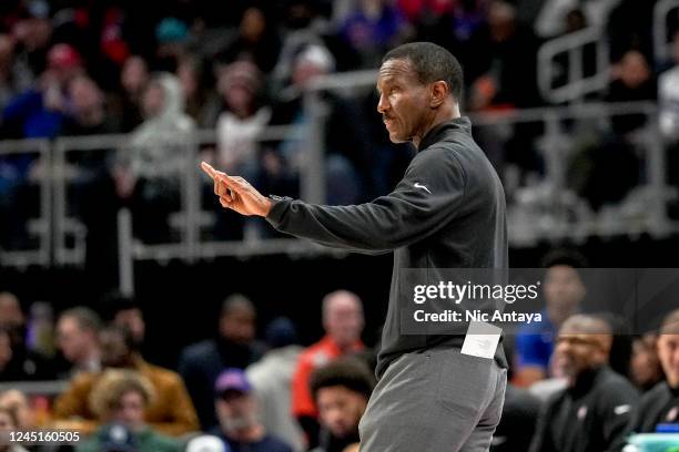 Head coach Dwane Casey of the Detroit Pistons reacts against the Cleveland Cavaliers during the third quarter at Little Caesars Arena on November 27,...