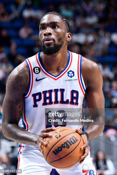 Shake Milton of the Philadelphia 76ers prepares to shoot a free throw during the game against the Orlando Magic on November 27, 2022 at Amway Center...