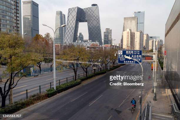 Near empty road in Beijing, China, on Monday, Nov. 28, 2022. Covid-19 cases in China's capital remain elevated, after almost doubling at the weekend,...