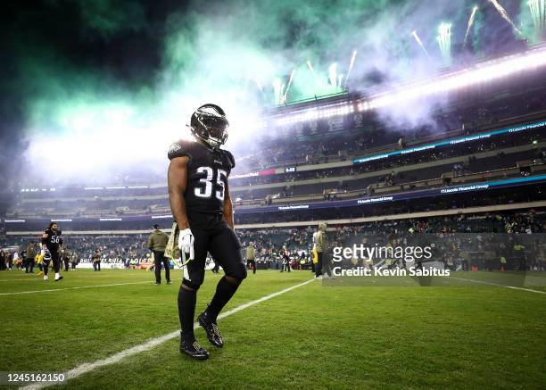 Boston Scott of the Philadelphia Eagles walks off the field after an NFL football game against the Green Bay Packers at Lincoln Financial Field on...
