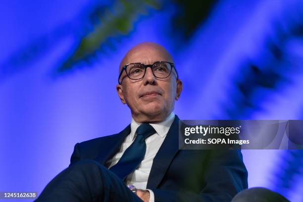 Eric Ciotti is seen during the meeting prior to his speech. Eric Ciotti attended a public meeting in Le Cannet to promote his candidacy for the...