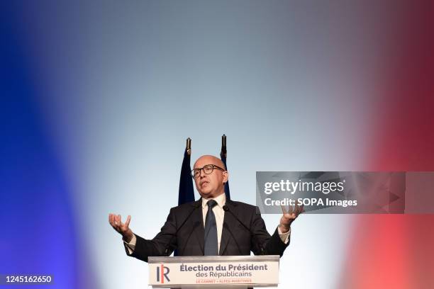 Eric Ciotti delivers his speech during the meeting. Eric Ciotti attended a public meeting in Le Cannet to promote his candidacy for the presidency of...