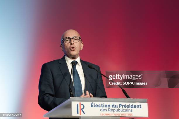 Eric Ciotti delivers his speech during the meeting. Eric Ciotti attended a public meeting in Le Cannet to promote his candidacy for the presidency of...