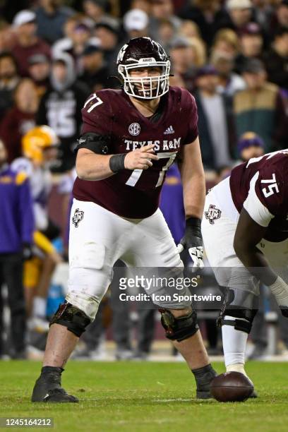 Texas A&M Aggies offensive lineman Matthew Wykoff calls out blocking assignments during the football game between the LSU Tigers and Texas A&M Aggies...