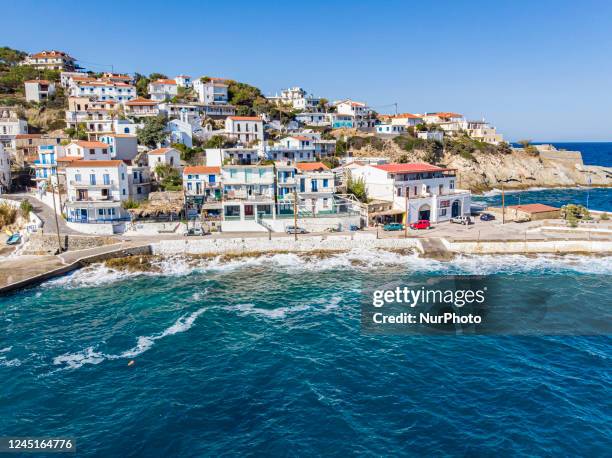 Panoramic aerial view of the traditional picturesque Armenistis village as seen from a drone, one of the most popular holiday destination on the...