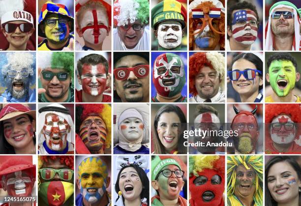 Composite image assembled of 32 single images shows fans of teams as they arrive to show their support during FIFA World Cup Qatar 2022 in Qatar on...