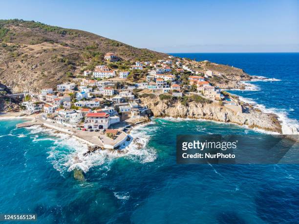 Panoramic aerial view of the traditional picturesque Armenistis village as seen from a drone, one of the most popular holiday destination on the...