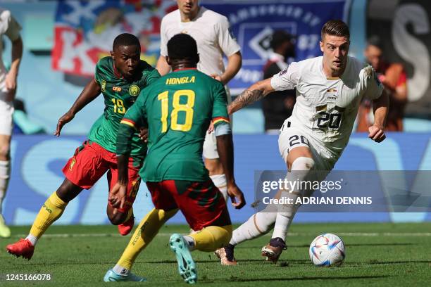 Cameroon's defender Collins Fai fights for the ball with Serbia's midfielder Sergej Milinkovic-Savic during the Qatar 2022 World Cup Group G football...