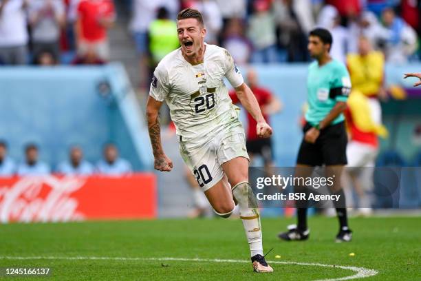 Sergej Milinkovic-Savic of Serbia celebrates after scoring his sides second goal during the Group G - FIFA World Cup Qatar 2022 match between...