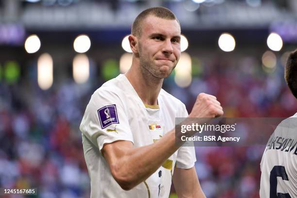 Strahinja Pavlovic of Serbia celebrates after scoring his sides first goal during the Group G - FIFA World Cup Qatar 2022 match between Cameroon and...