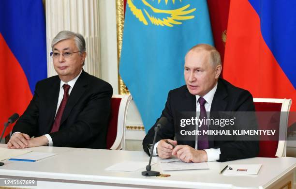 Russian President Vladimir Putin meets with his Kazakhstan's counterpart Kassym-Jomart Tokayev in the Kremlin in Moscow on November 28, 2022. -...