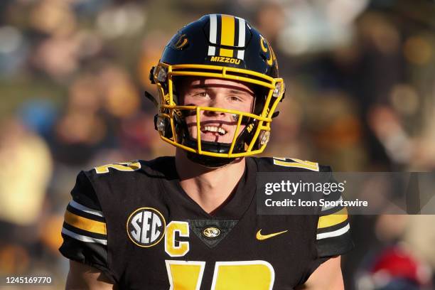 Missouri Tigers quarterback Brady Cook in the first quarter of an SEC college football game between the Arkansas Razorbacks and Missouri Tigers on...