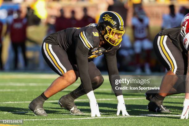 Missouri Tigers defensive lineman Isaiah McGuire before the snap in the first quarter of an SEC college football game between the Arkansas Razorbacks...