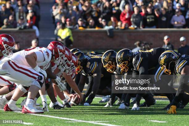 View down the line of scrimmage in the first quarter of an SEC college football game between the Arkansas Razorbacks and Missouri Tigers on November...