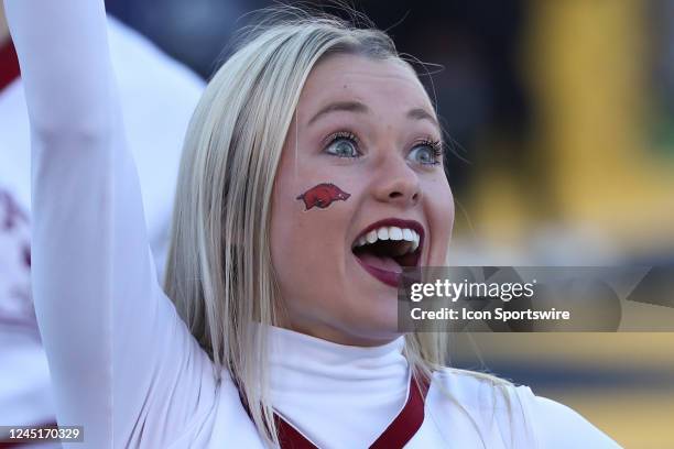 An Arkansas Razorbacks cheerleader during an SEC college football game between the Arkansas Razorbacks and Missouri Tigers on November 25, 2022 at...