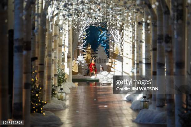 The East Colonnade is decorated during a media preview for the 2022 Holidays at the White House in Washington, DC, November 28, 2022. - We the People...