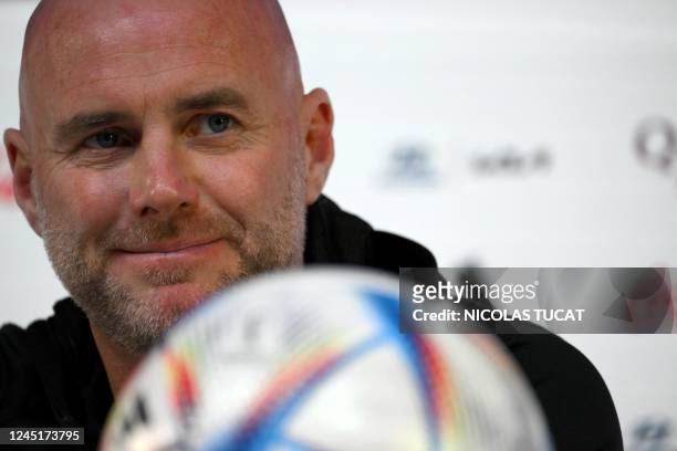 Wales' coach Rob Page gives a press conference at the Qatar National Convention Center in Doha on November 28 on the eve of the Qatar 2022 World Cup...